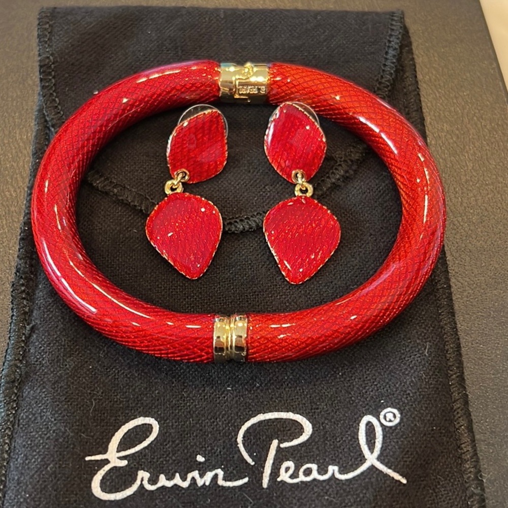 New Red Enamel Snakeskin Bangle Bracelet and Earrings